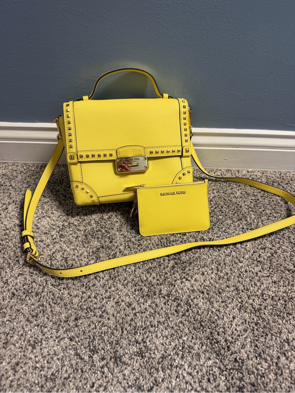 Michael Kors Yellow Studded Leather Satchel with Card Case - Picture 4 of 15